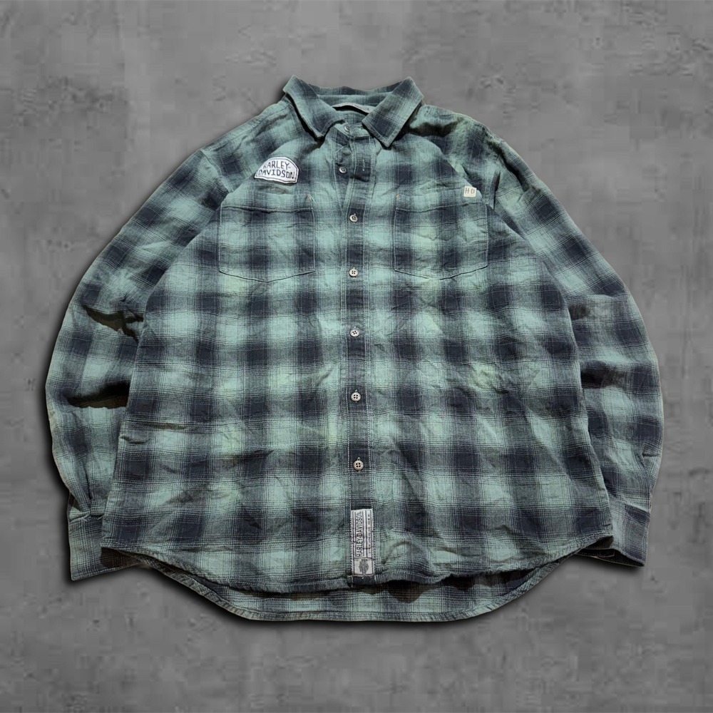 Y2k Green Plaid Harley Davidson Grunge Biker Flannel 2000s Shirt